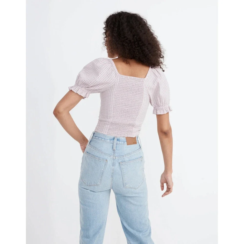 Madewell Seersucker Hopewell Top Women 2XL Provence Grape Puff Sleeve Crop RED37